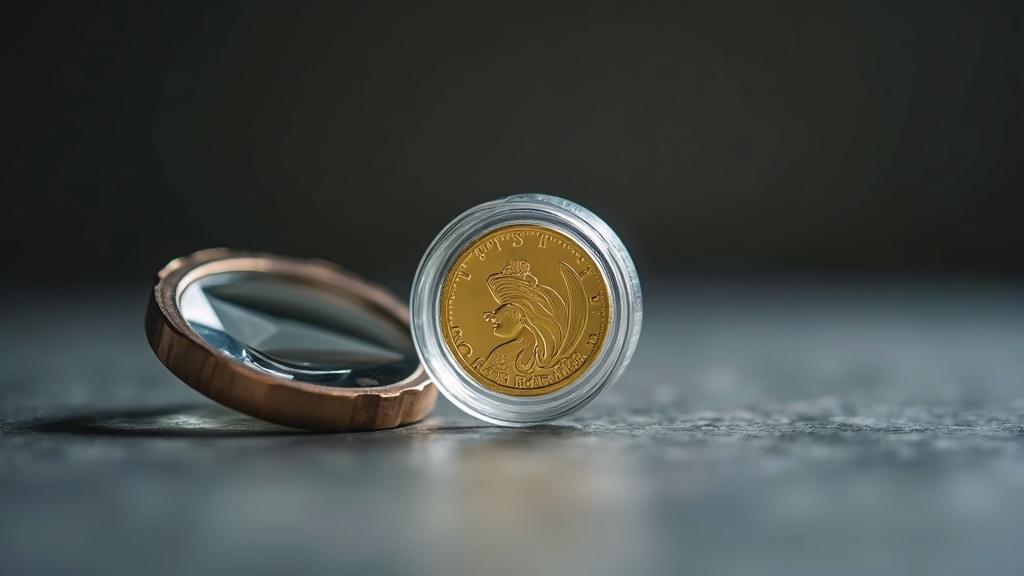 American Gold Eagle coin in a protective holder next to a magnifying loupe