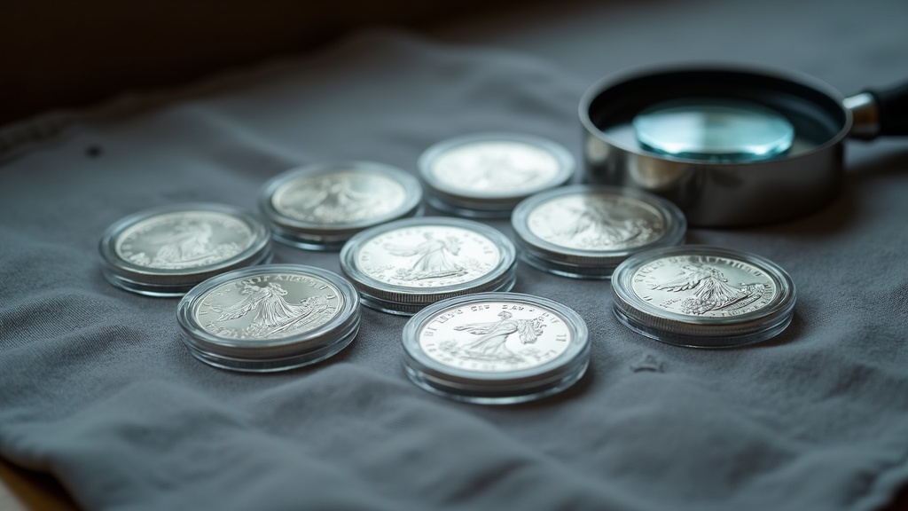 American Silver Eagle coins in protective capsules next to a loupe for close examination