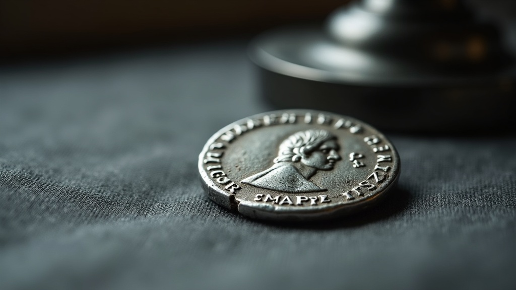 Ancient Roman denarius coin beside a loupe used for examining coin details