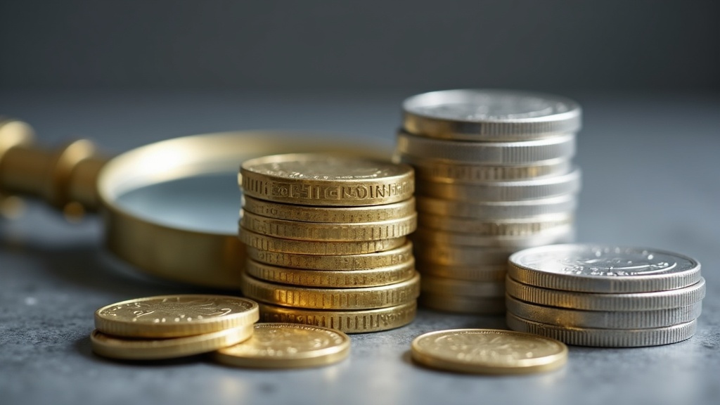 Austrian Philharmonic gold and silver bullion coins arranged near a loupe for close examination