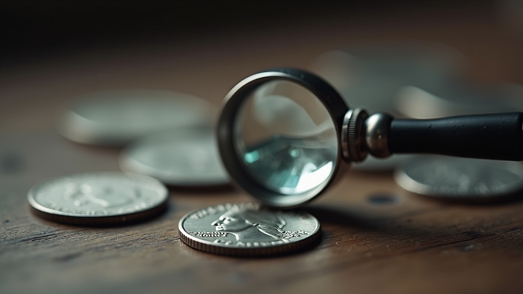 Barber quarter coin examined with a loupe showing wear on the Liberty Head design