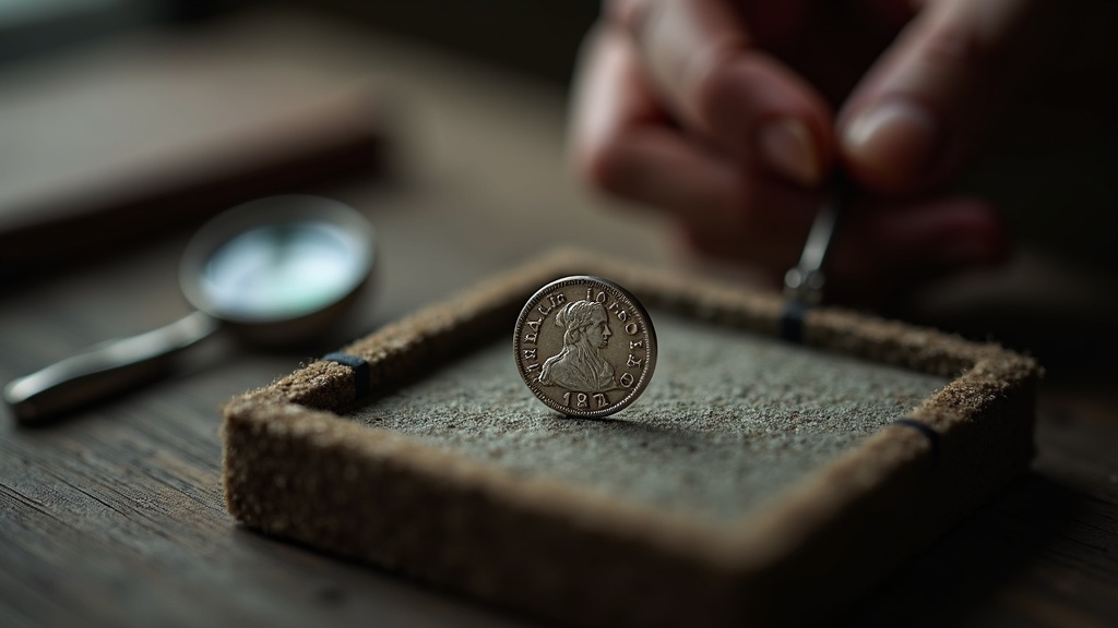 Macro photograph of a worn British Empire era colonial silver coin next to a magnifying loupe