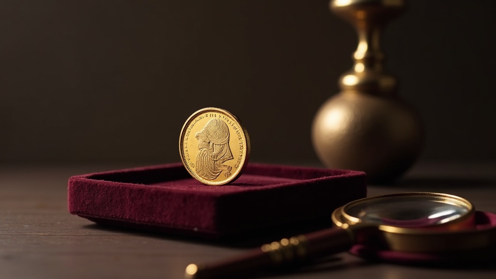 Macro photograph of a gold sovereign coin beside a loupe and coin holder illustrating coin examination