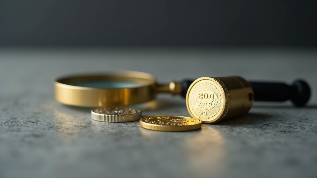 Bullion bar and coin in a capsule holder with a loupe used to examine precious metal purity