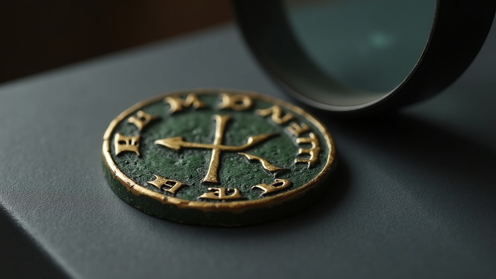 Ancient Byzantine follis coin with visible wear examined near a loupe, illustrating coin identification basics