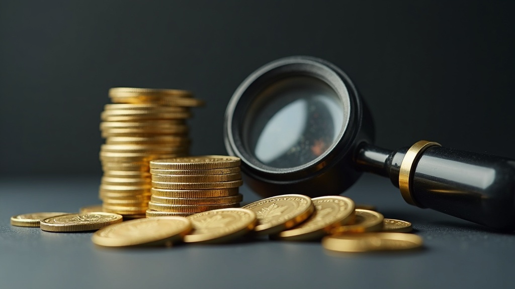 Stack of Canadian Maple Leaf gold and silver bullion coins with a loupe and coin holder