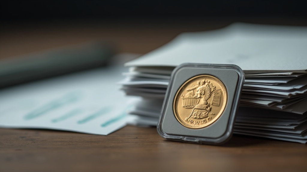 Graded coin slab beside record-keeping folders representing documentation for collectible capital gains