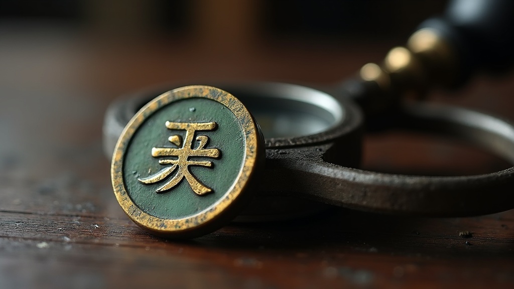 Close-up of a Chinese cash coin with square hole and loupe used for coin identification