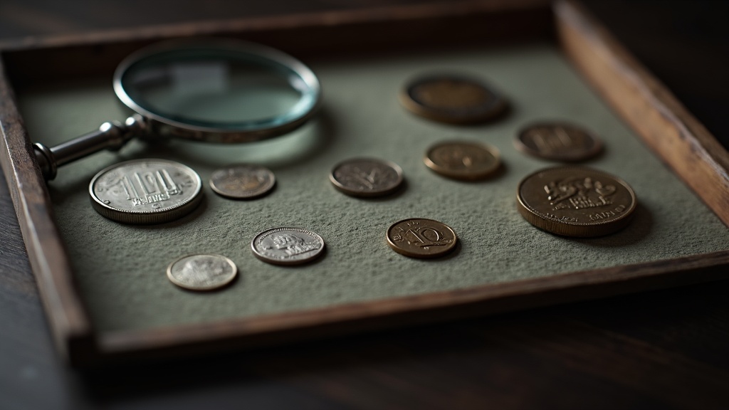 Coin holders and a loupe arranged for a numismatic society meeting display