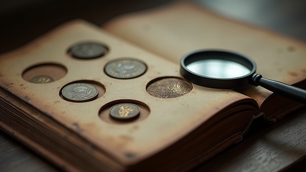 Vintage coin album and loupe used in traditional coin collecting