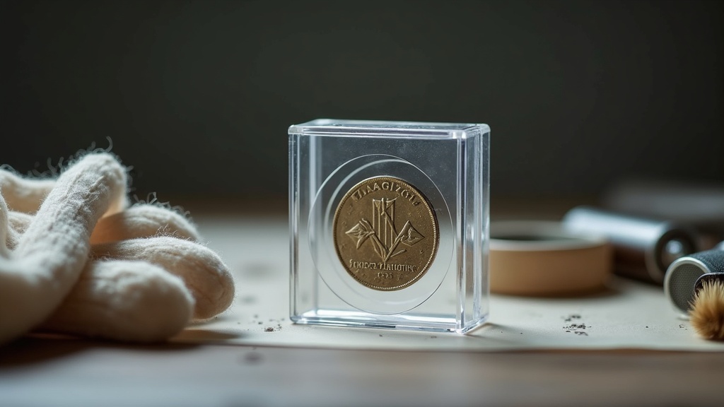 Coin in archival holder with conservation tools representing professional coin conservation