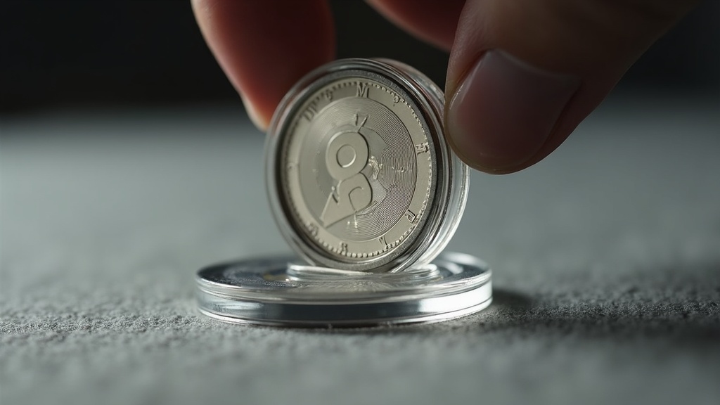 Close-up of a coin capsule holder used for protective coin storage
