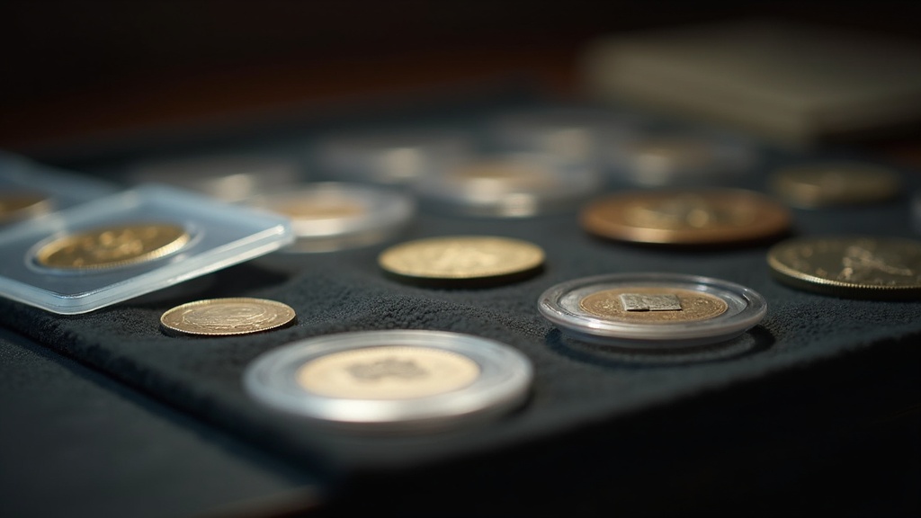 Coins in protective holders arranged on a felt tray at a coin show dealer table