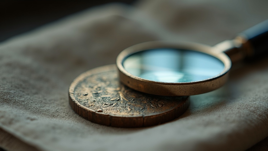 Macro photograph of a worn ancient coin and loupe showing historical coin details