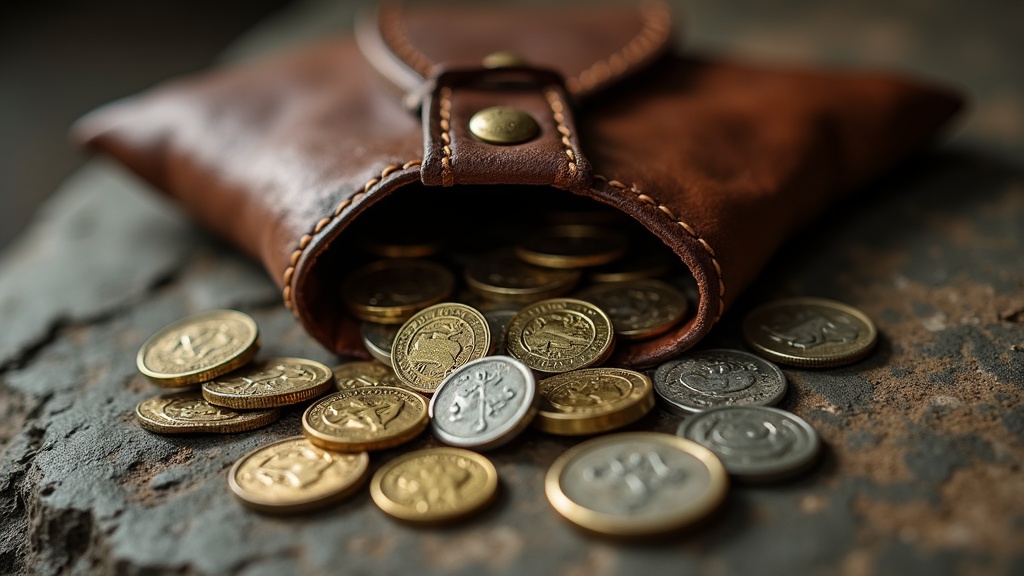 Historic coin hoard discovery with old silver and gold coins spilling from a leather pouch