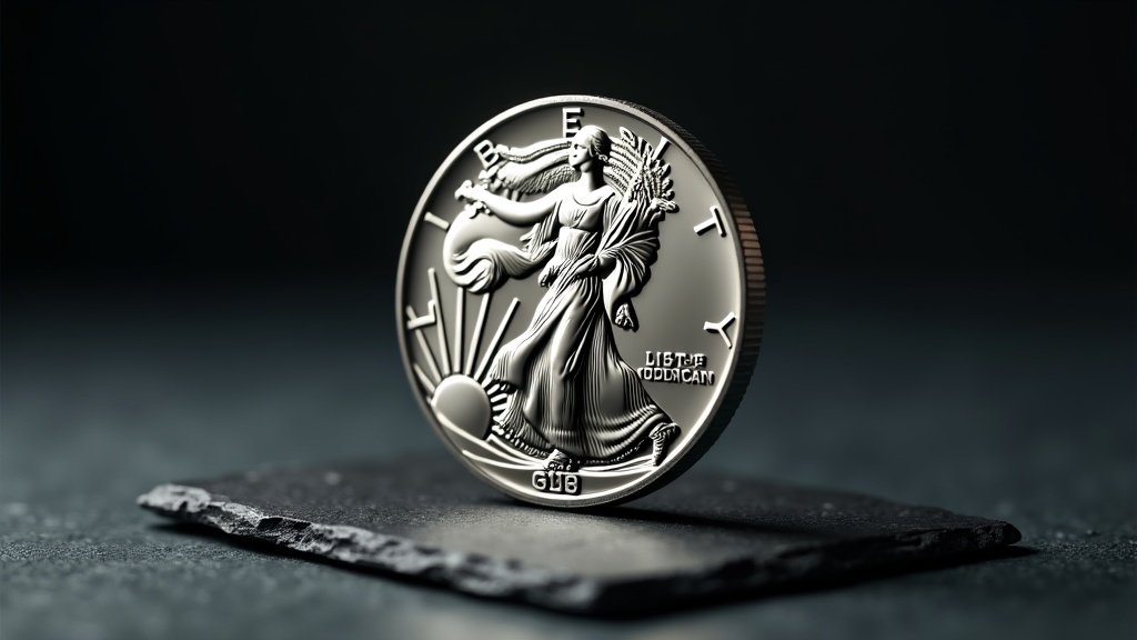American Silver Eagle bullion coin standing on edge showing Walking Liberty design