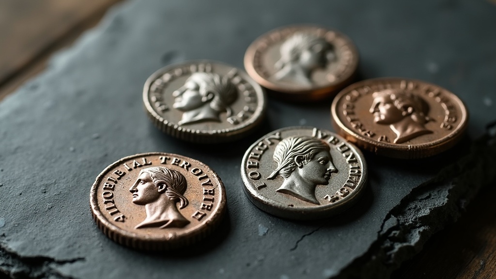 Ancient Roman coins with worn portraits and Latin inscriptions on a dark neutral surface