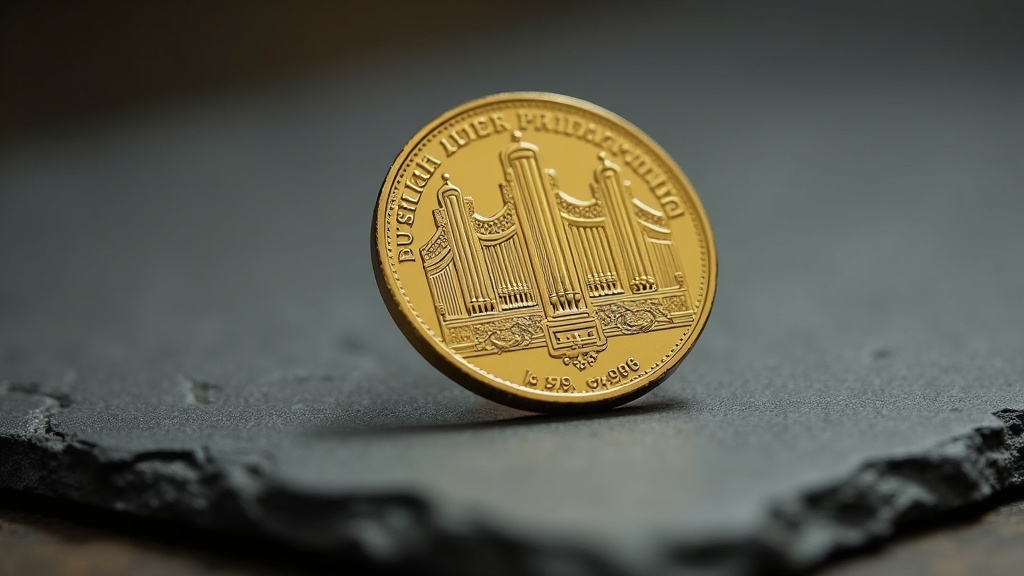 Austrian Philharmonic gold coin showing the Vienna Philharmonic organ design in macro detail