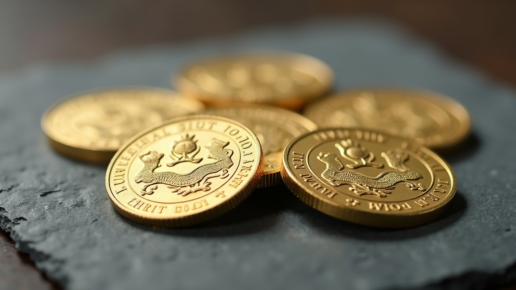 Close-up of British sovereign gold coins featuring the Saint George and Dragon design on a neutral surface