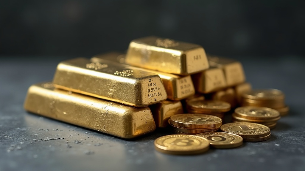 Gold and silver bullion coins and bars arranged together showing the difference between bullion coins vs bars