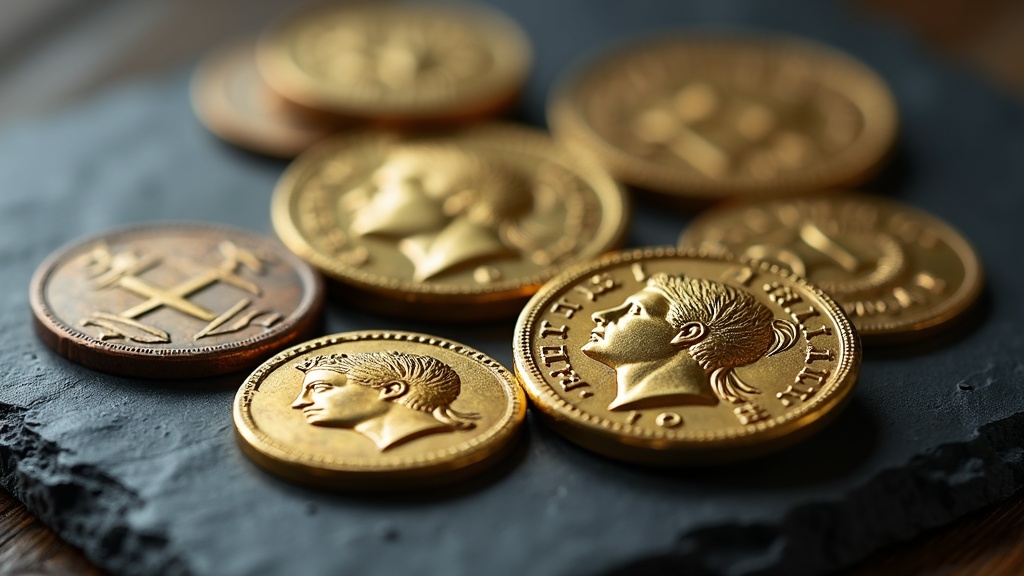 Byzantine coinage gold solidus and bronze follis coins photographed in macro detail on a neutral surface