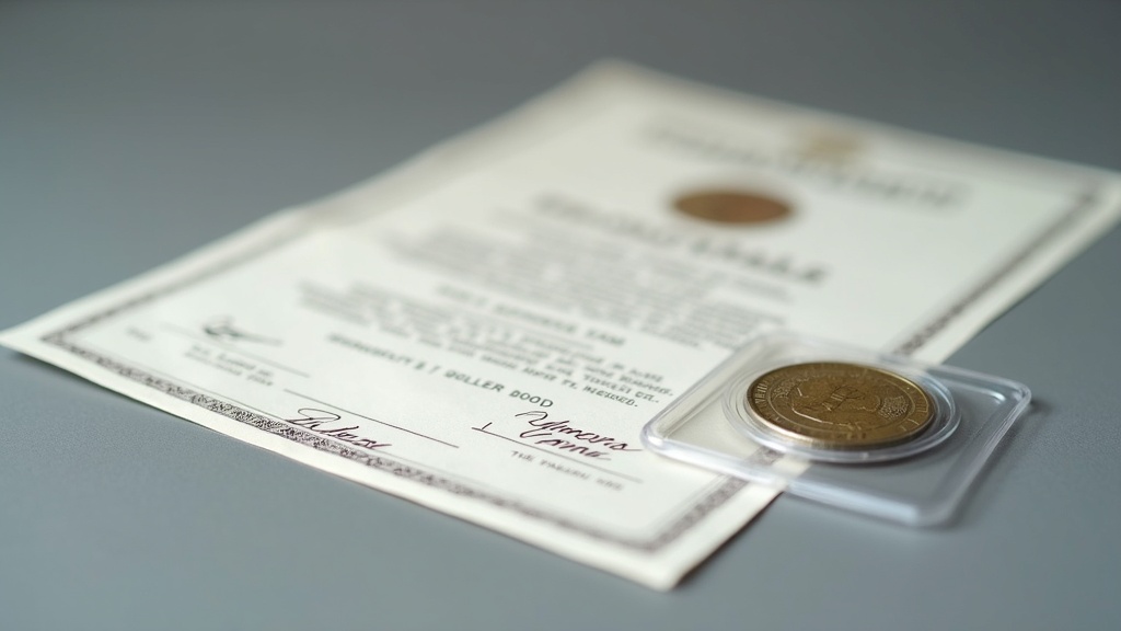 Certificate of authenticity next to a coin holder illustrating limits of coin authentication documents