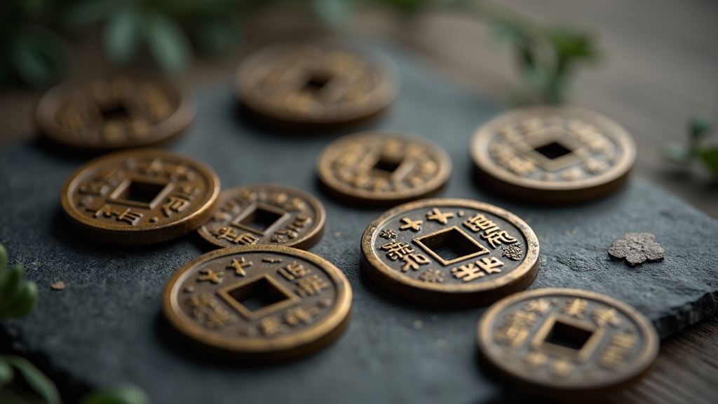 Antique bronze Chinese cash coins with square holes showing cast inscriptions and aged patina