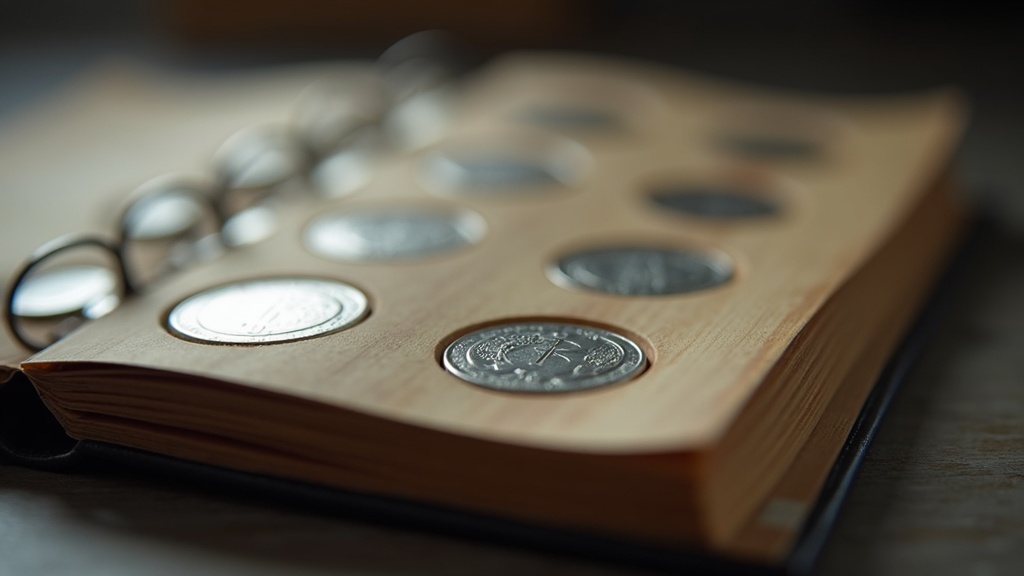 Coin album page with circular slots holding coins, illustrating coin album vs coin folder storage
