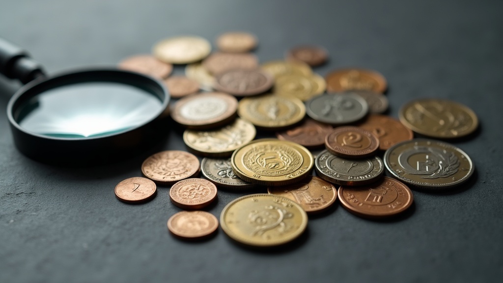 Assortment of coins and a loupe illustrating coin collecting terminology for beginners