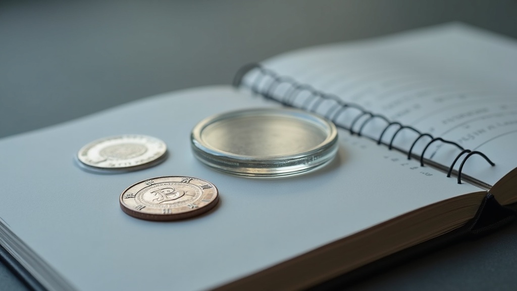 Coin holders including flips, capsules, and an album page arranged on a neutral surface