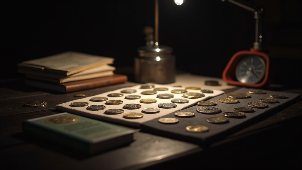 Coin show table display showing coin show etiquette in practice with coins in holders and a loupe