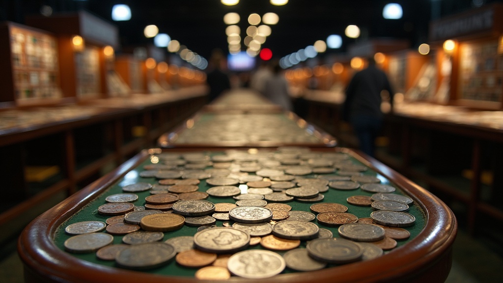 Coin show convention floor with dealer tables displaying coins in trays and cases
