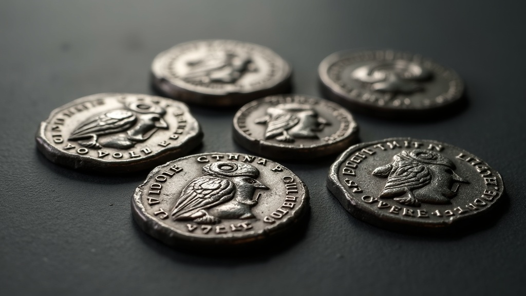 Ancient Greek coins with owl and profile designs displayed on a neutral surface