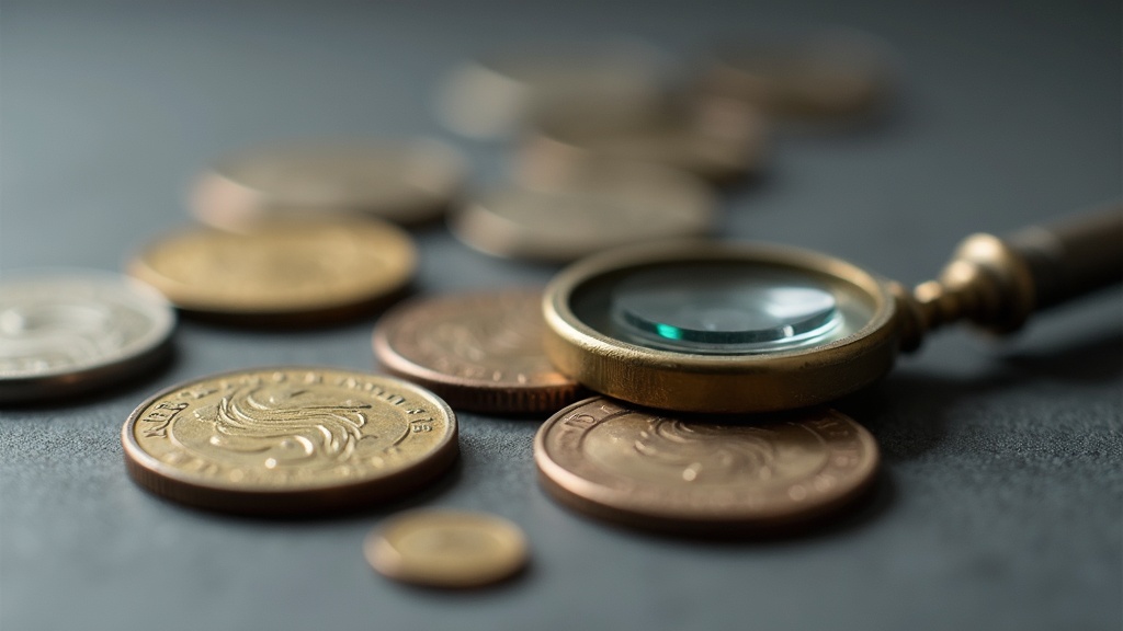 Beginner coin collector mistakes shown through uncleaned coins and a loupe on a neutral surface