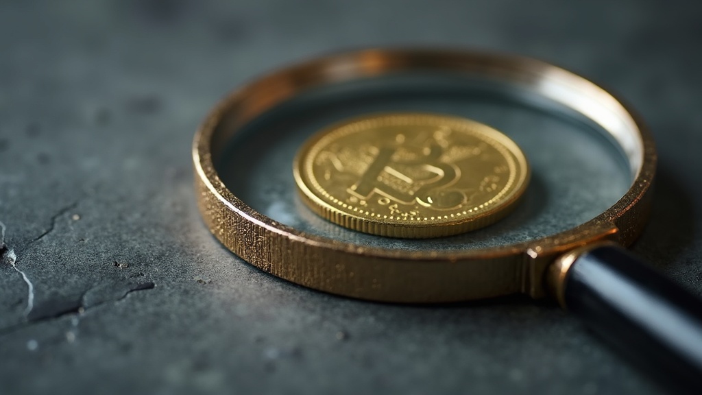 Gold coin and loupe used to inspect a counterfeit coin listing