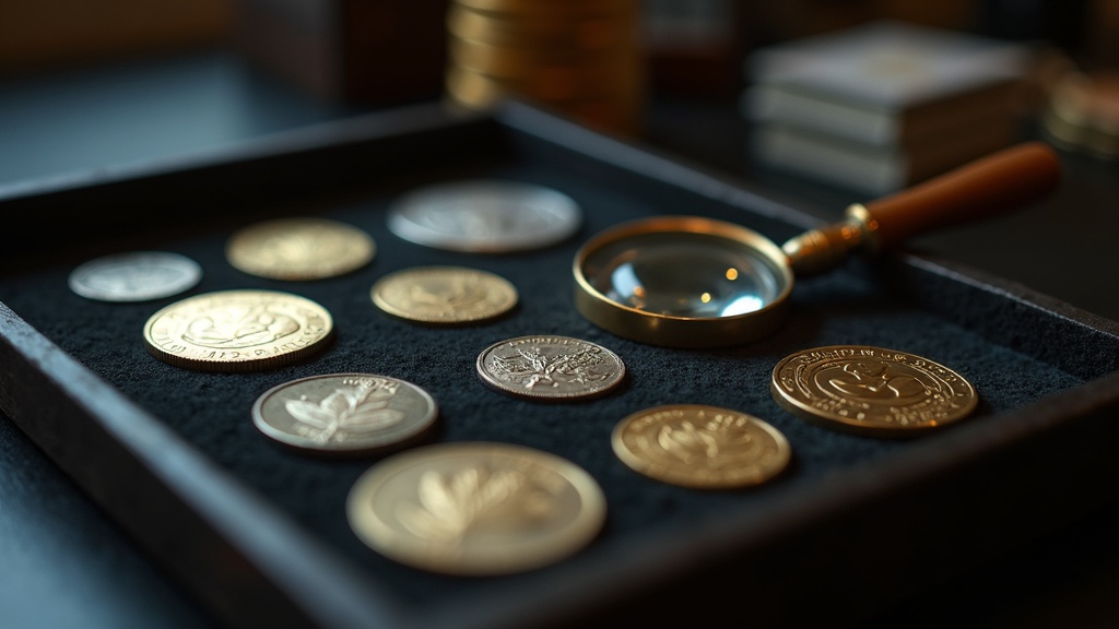Uncirculated coins and a loupe on a dealer's counter representing how to evaluate a coin dealer's reputation