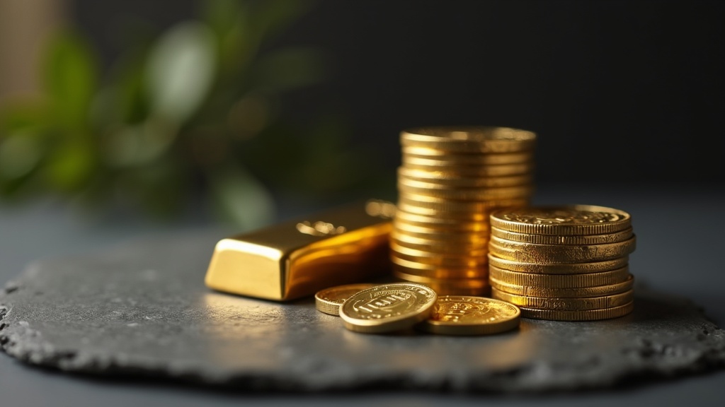 Gold bullion coins and a small bar representing assets held in a gold-backed IRA