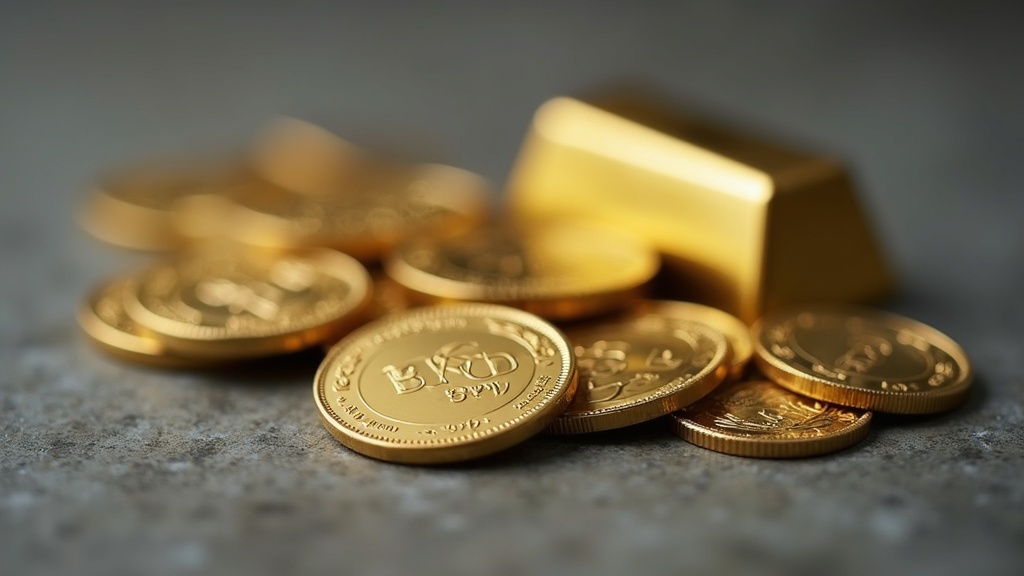 Gold coins and a small bar showing different gold purity levels on a neutral surface