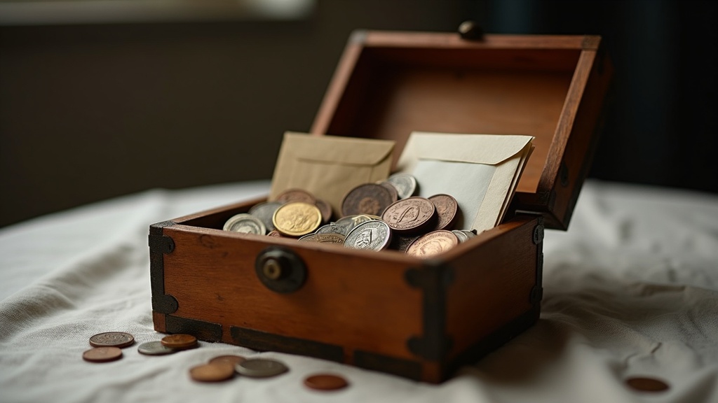 Inherited coin collection in an old box being sorted during an estate sale
