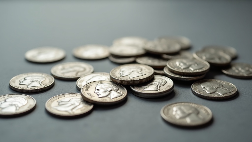 Pile of worn 90% silver junk silver coins showing silver purity and wear