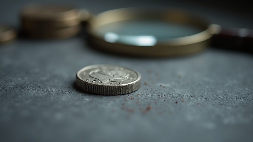 Close-up of a worn key date coin showing its date and mint mark under raking light