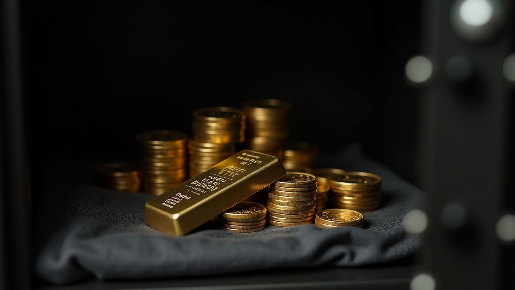 Gold and silver bullion coins and bars arranged for long-term bullion storage inside a home safe