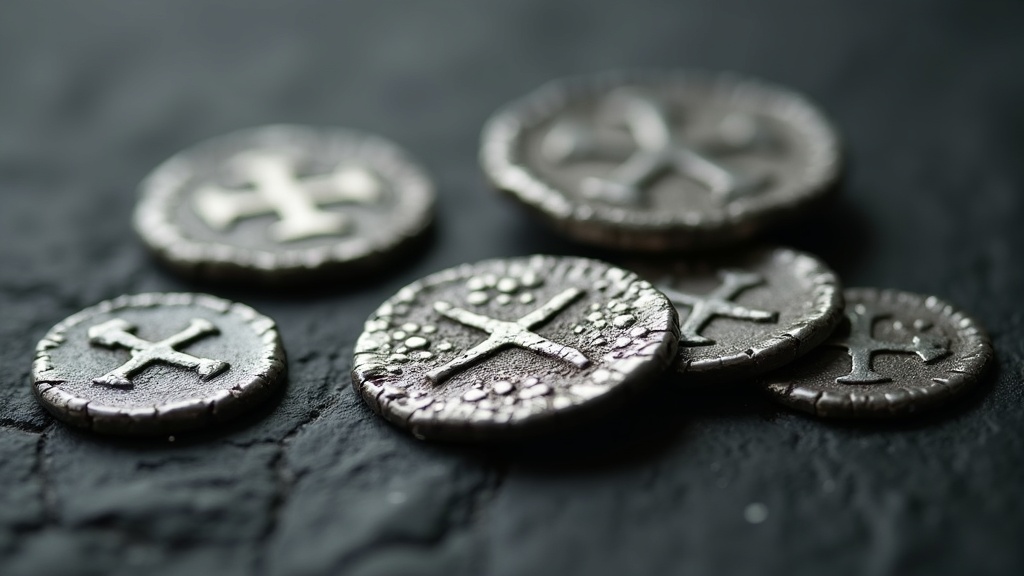 Worn medieval European hammered silver coins arranged on a dark surface
