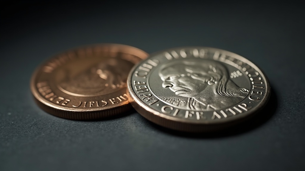 Close-up comparison of a proof coin with mirror finish next to a business strike coin with matte finish