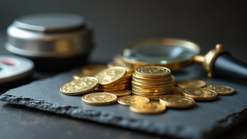 Gold and silver coins with a loupe representing questions to ask a coin dealer before buying
