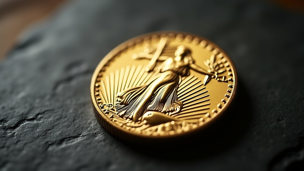 Gold Saint-Gaudens double eagle coin showing the striding Liberty design in close-up macro detail
