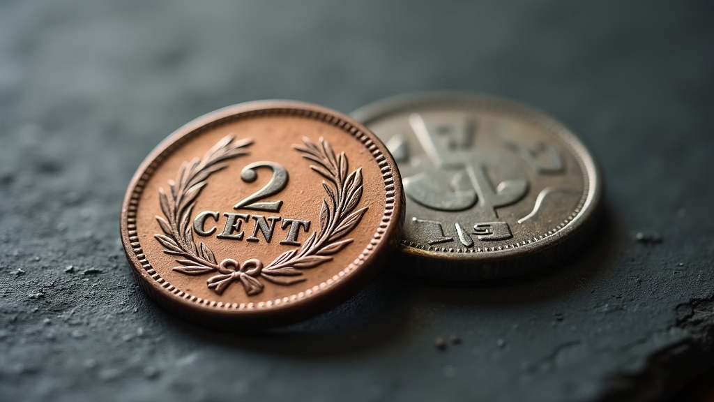 Two-cent piece and three-cent piece coins shown together for a coin collecting guide