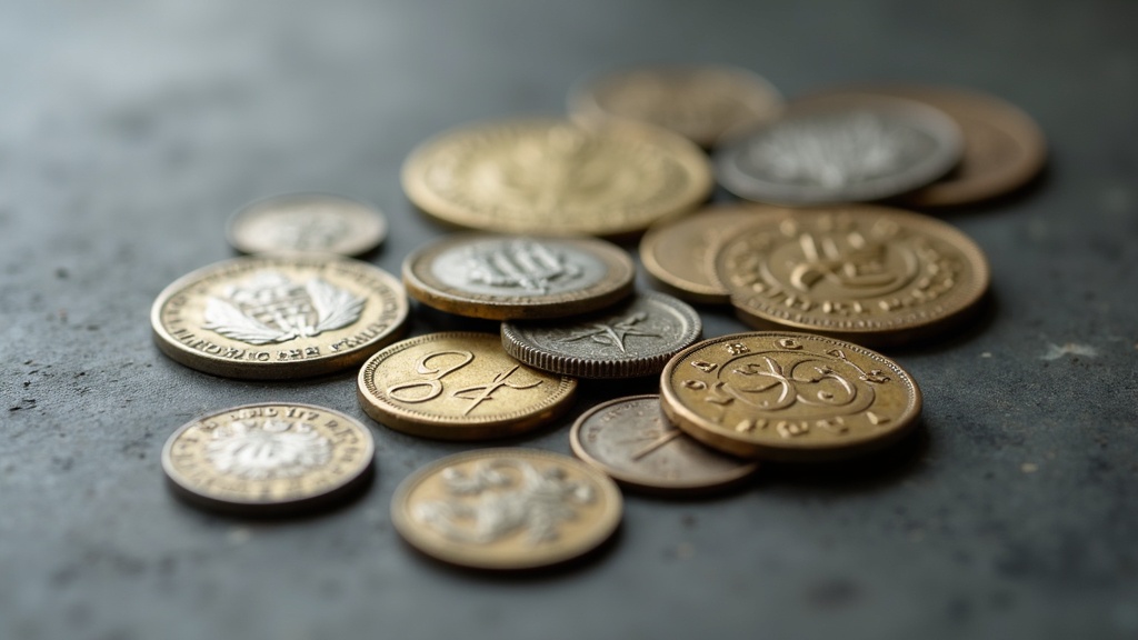 Collection of exonumia tokens and medals displayed on a neutral surface
