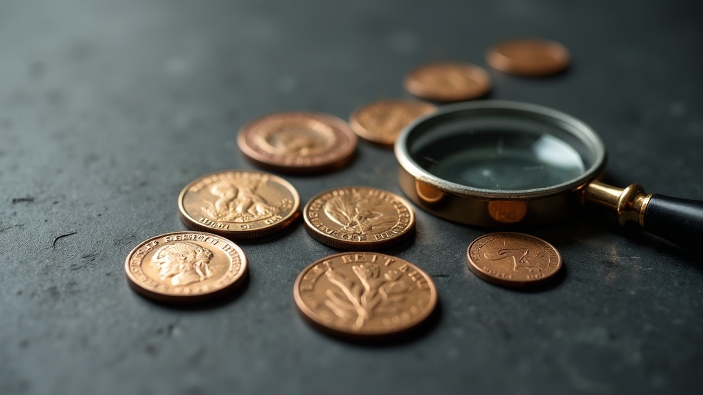 Close-up of coin varieties showing subtle design differences under a jeweler's loupe