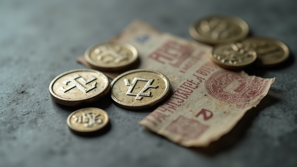 Collection of World War era emergency money notgeld banknotes and metal tokens on a neutral surface